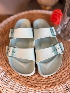 Birkenstock Pale Blue Two-Strap Sandals with Teal Buckles